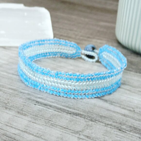 Boho Beaded Gemstone Bracelet, Blue Lace Agate Seed Bead Jewelry. 7" - Picture 11 of 11